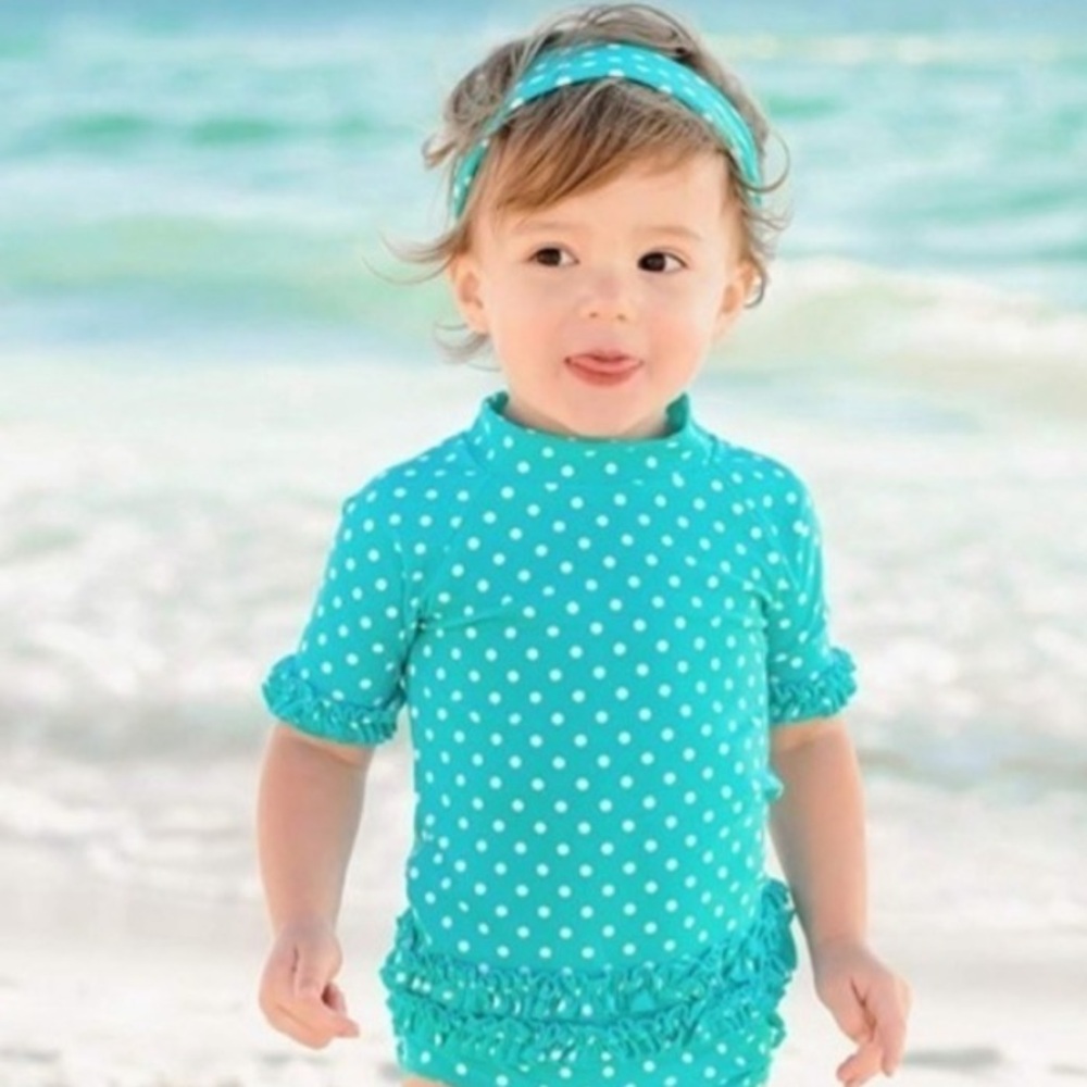 RUFFLE BUTTS  Girls Teal Polka Dot Ruffled Rash Guard Top Sz 3T Sun Prot…